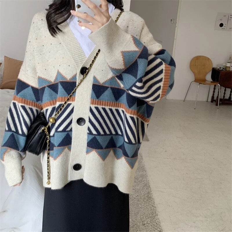 2021 Autumn Winter Women Sweater Geometric Pattern Knitted Cardigan Vintage Casual Loose Sweater Jumper Button-up Female Tops