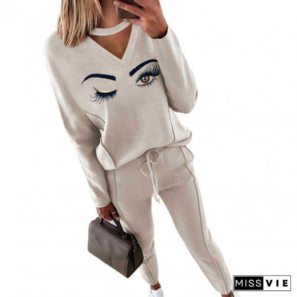 Tracksuit Set Hollow Out Skin-Friendly Eyes Print Women Outfit For Office