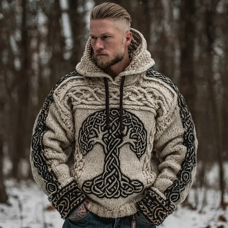Men's Viking Tree Of Life Art Celtic Knot Jacquard Knitted Hooded Sweater