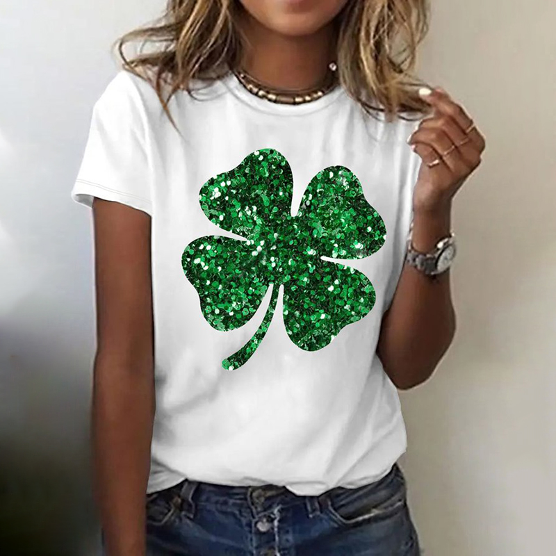 Women's Glitter Shamrock St patricks day Casual Print T-Shirt wearshes