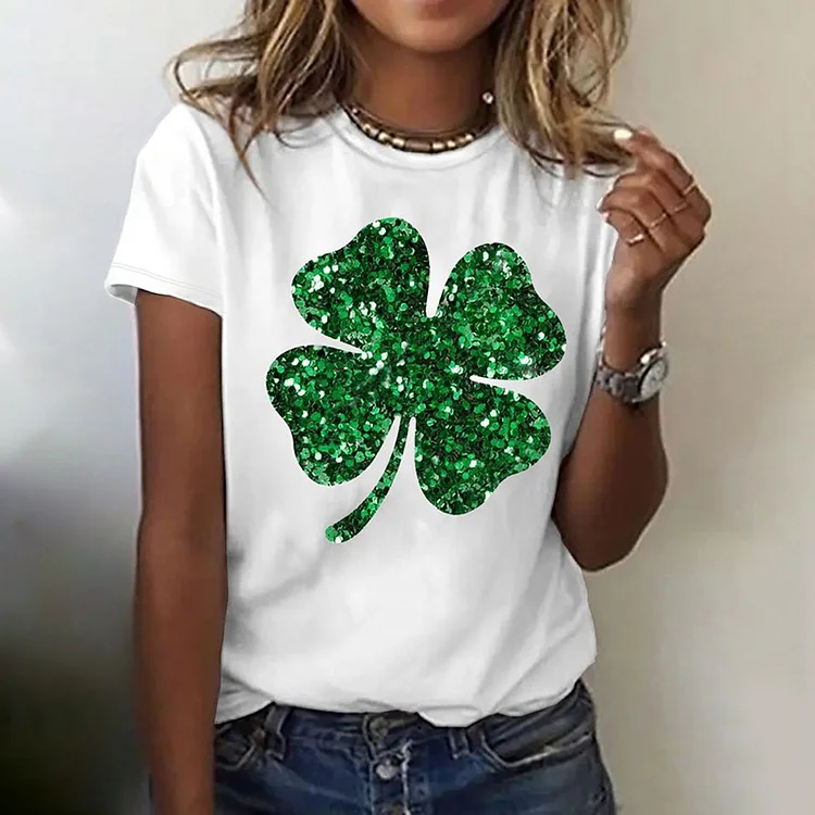Wearshes Women's Glitter Shamrock St patricks day Casual Print T-Shirt