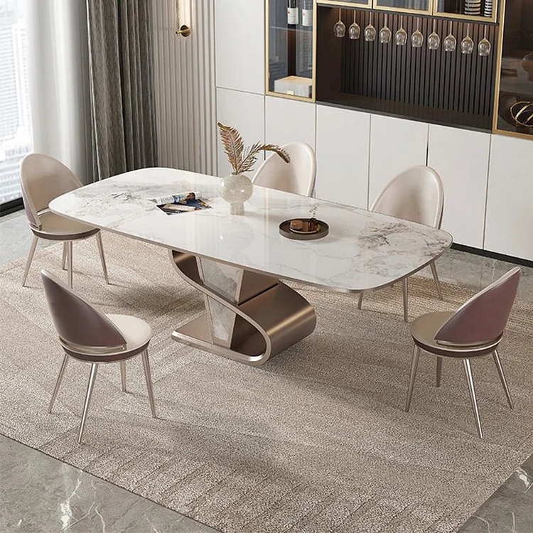 Homemys White Modern Sintered Stone Dining Table with Stainless Steel Base 