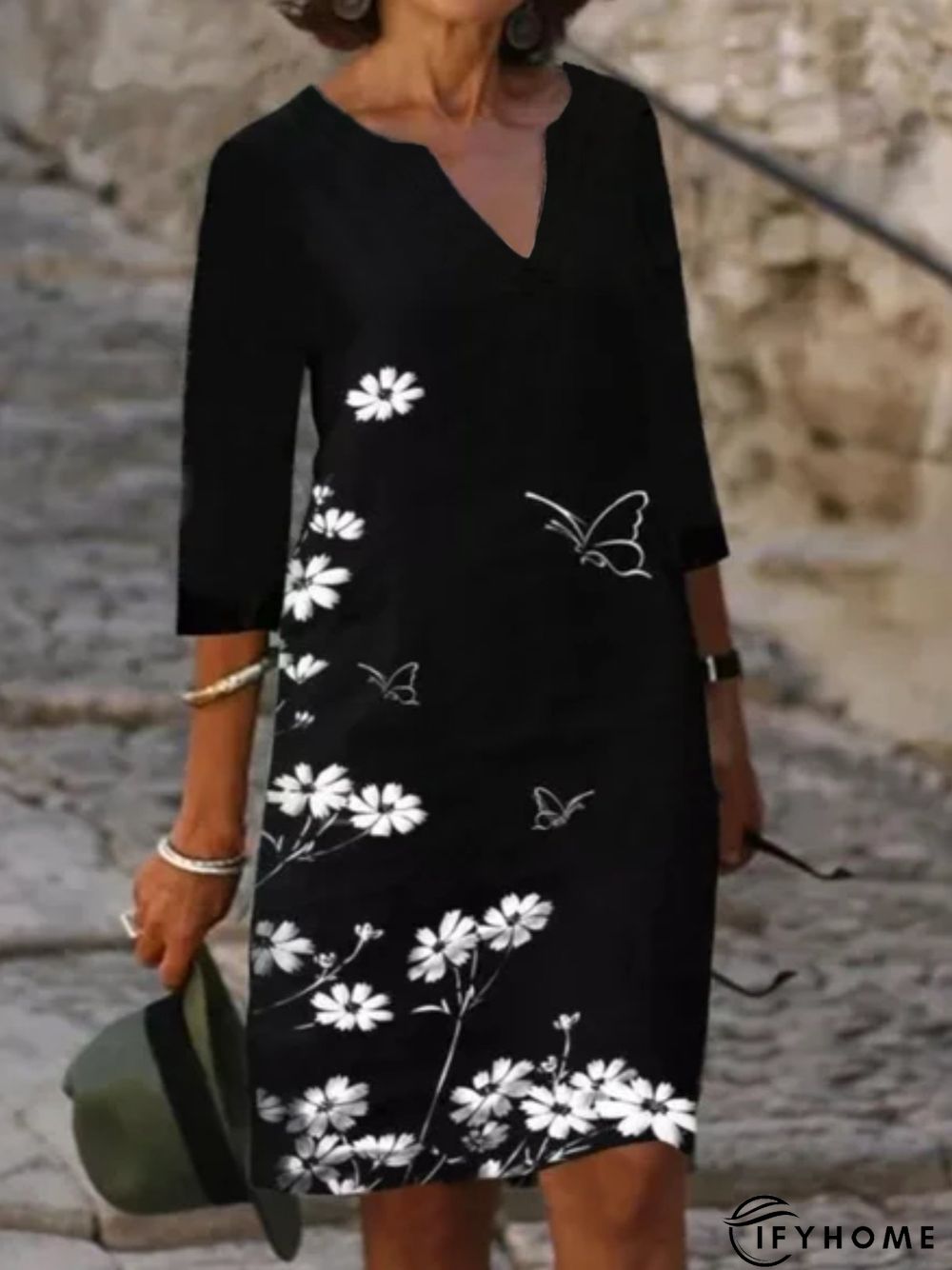 3/4 Sleeve V Neck Printed Dress | IFYHOME