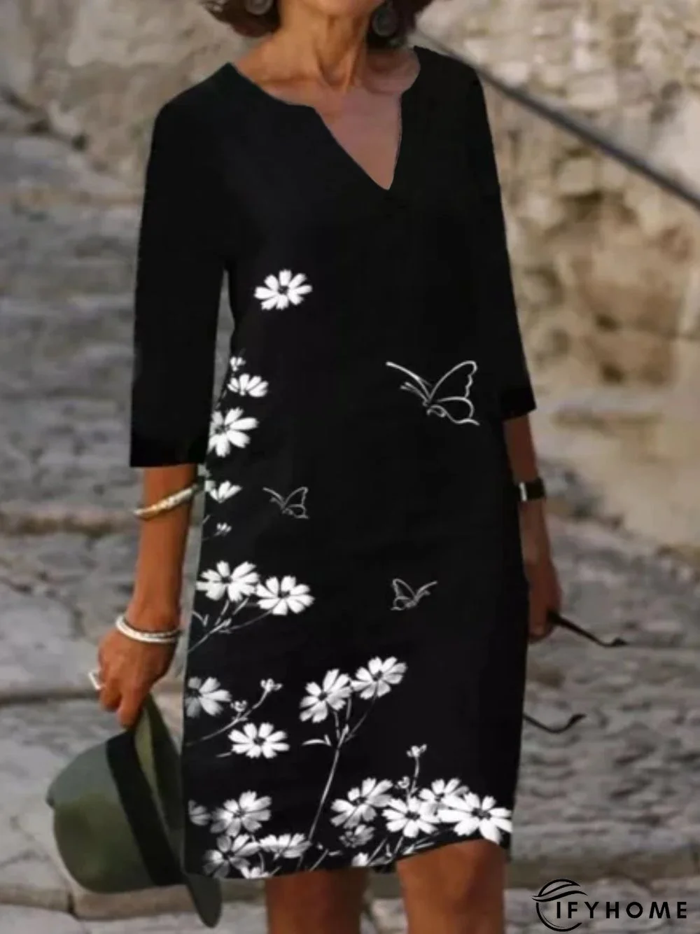 3/4 Sleeve V Neck Printed Dress | IFYHOME