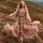 Vintage Bohemian Pink Floral Resort V-neck Long Sleeve Dress - Image 2