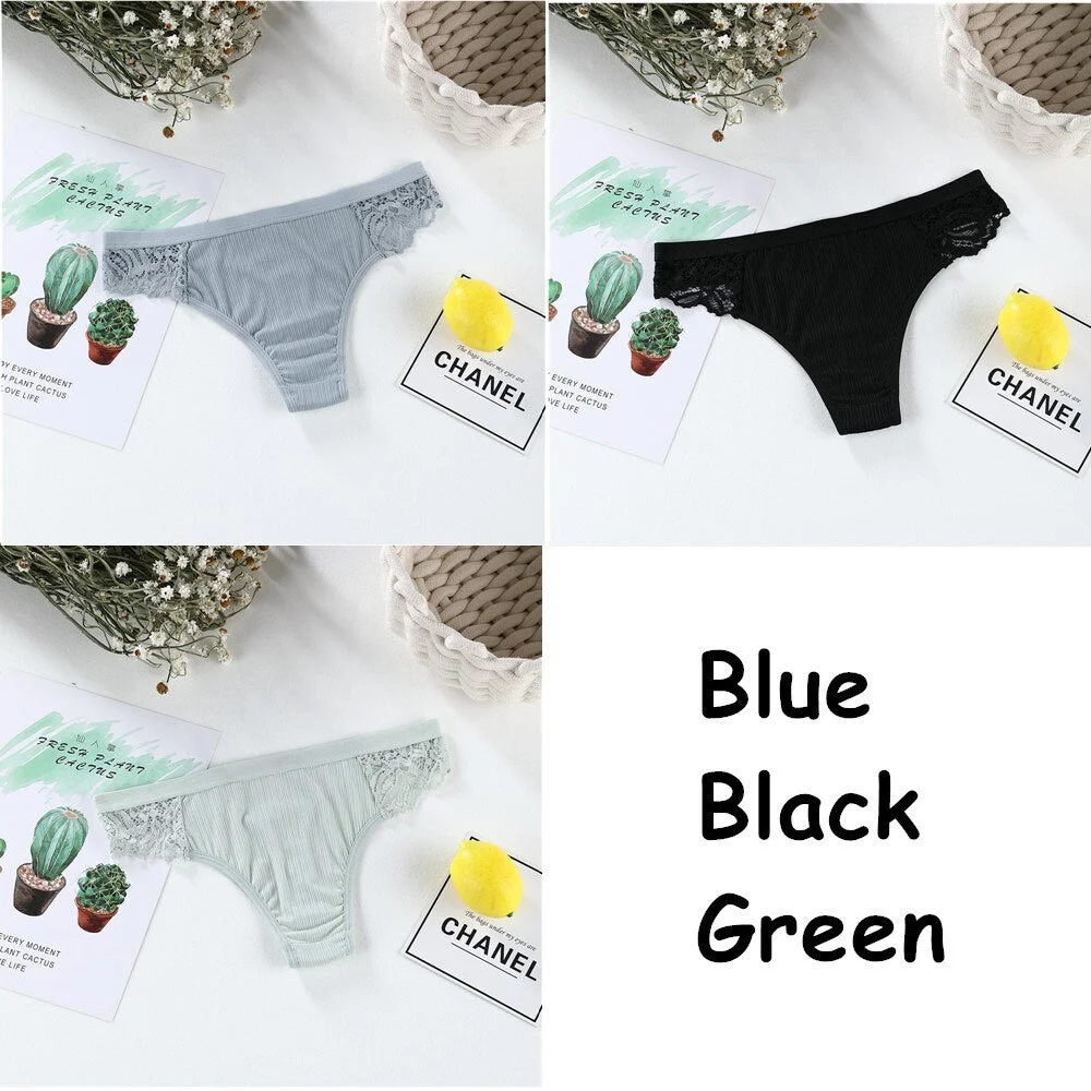 3pcs Sexy Women's Cotton G-String Thongs Panties Solid Lace Underwear Women Briefs Lingerie Underpants Ladies Low Rise Intimates