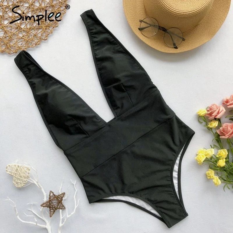 Simplee Sexy red one piece women bodysuit Push up V neck bathing suit swimwear overall Summer sleeveless female solid playsuit