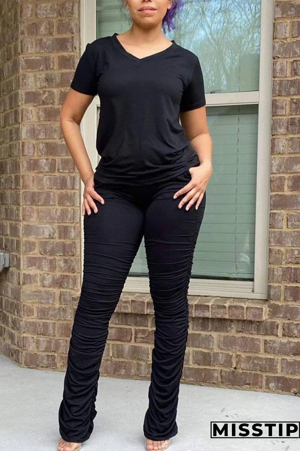 Black Casual Solid Patchwork Fold V Neck Short Sleeve Two Pieces