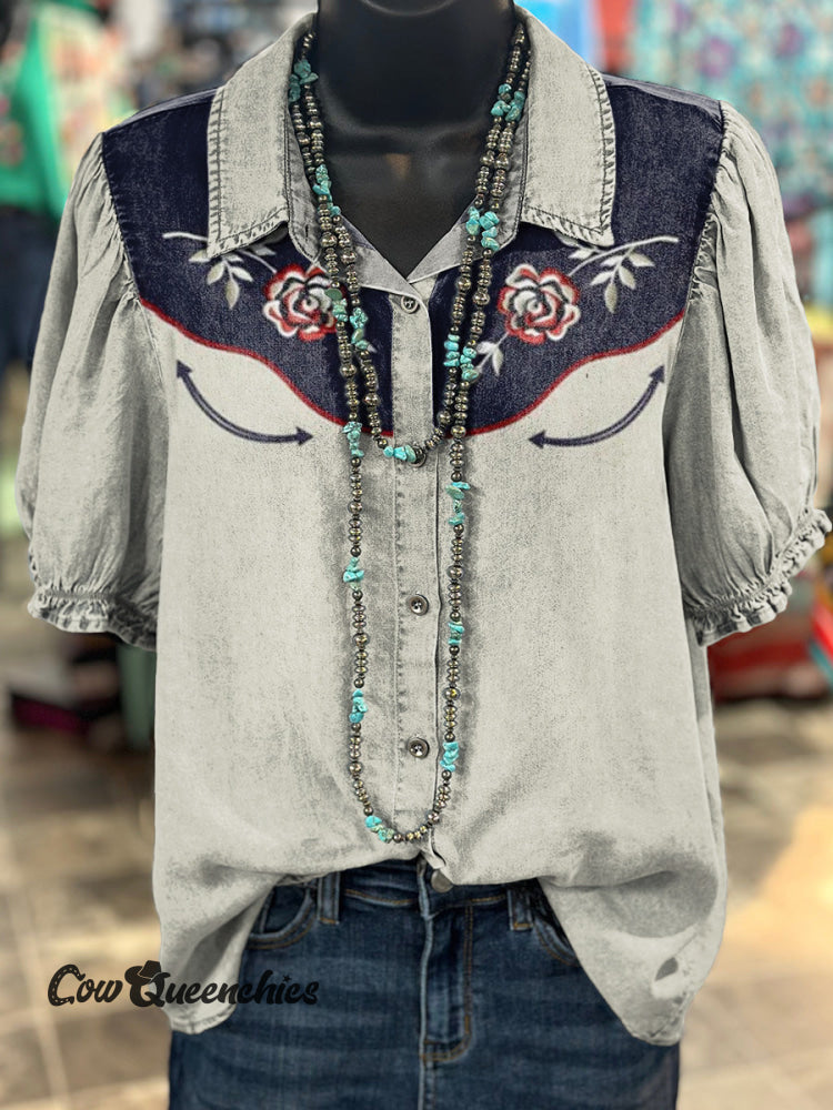 Women’s Western Floral Pattern Print Casual Cotton Shirt Multicolor / S