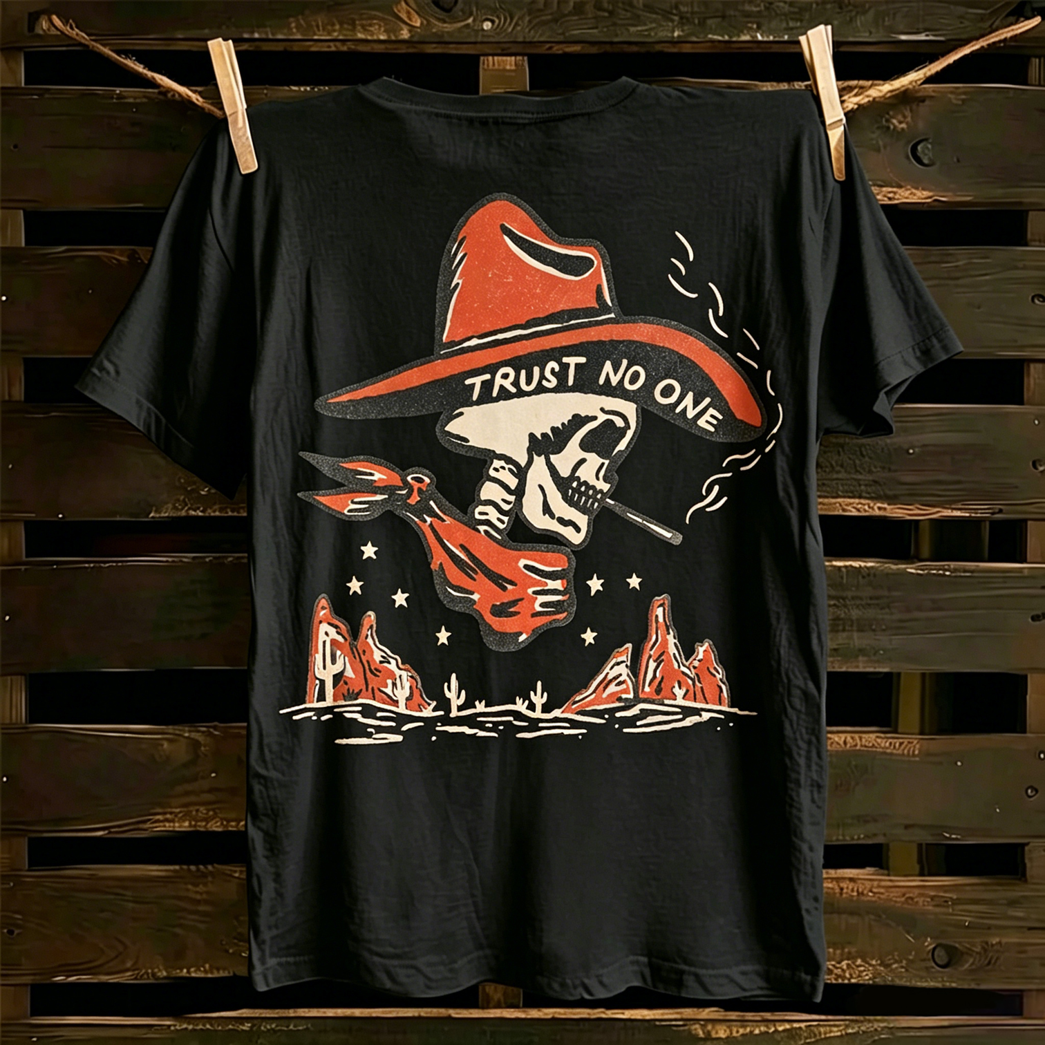 Western Vintage Skull T-Shirt With Desert Scene Print