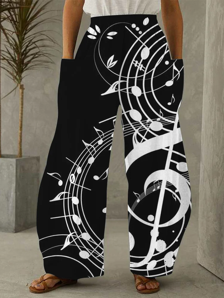 Music Symbol Inspired Patch Pocket Wide Leg Pants