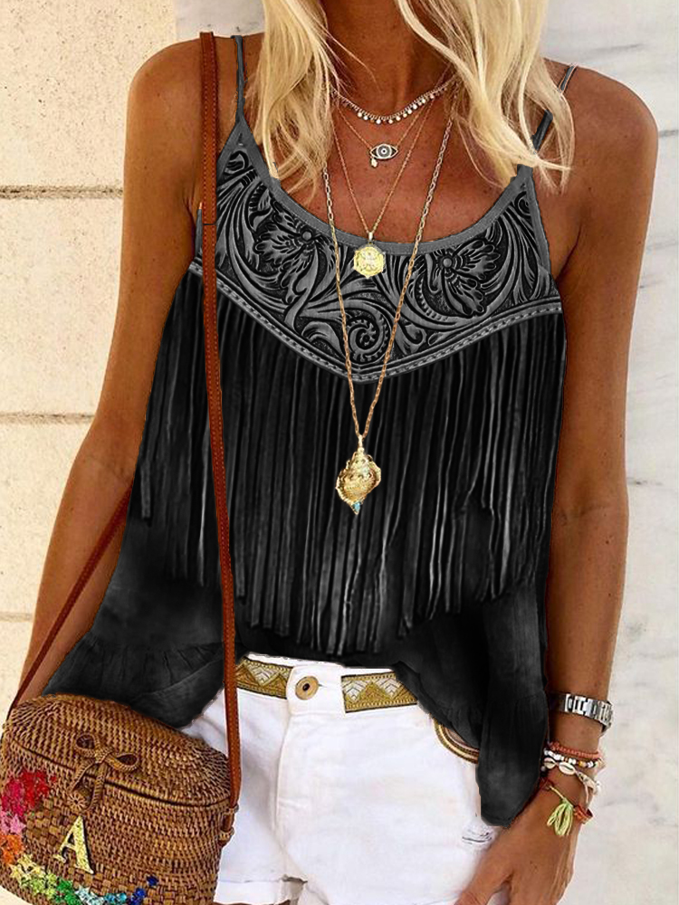  Western Floral Leather Tassels Flowy Cami Top Westsshops