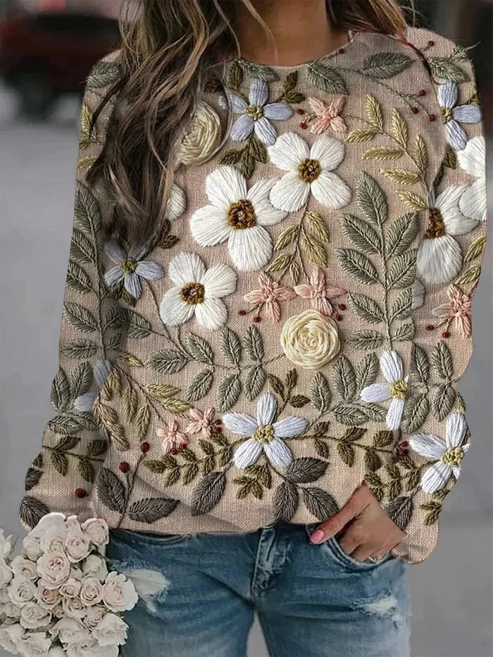 Women's Floral Embroidery Pattern Art Printed Round Neck Long Sleeve Sweatshirt