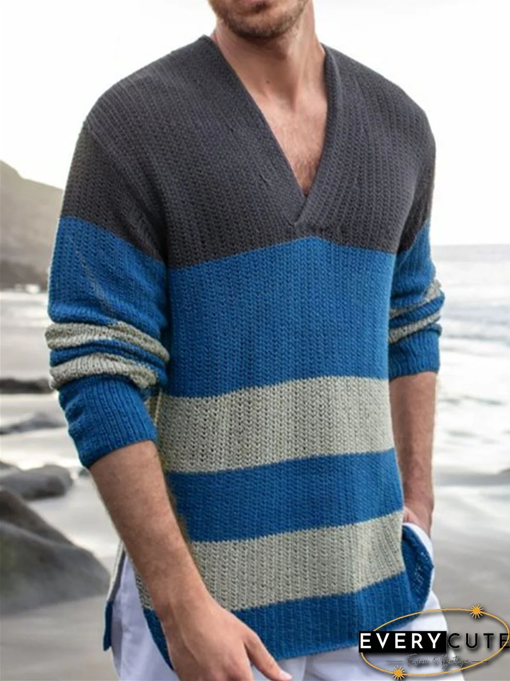 Contrast Color Stripe V-neck Long Sleeve Men's Knitted Sweater