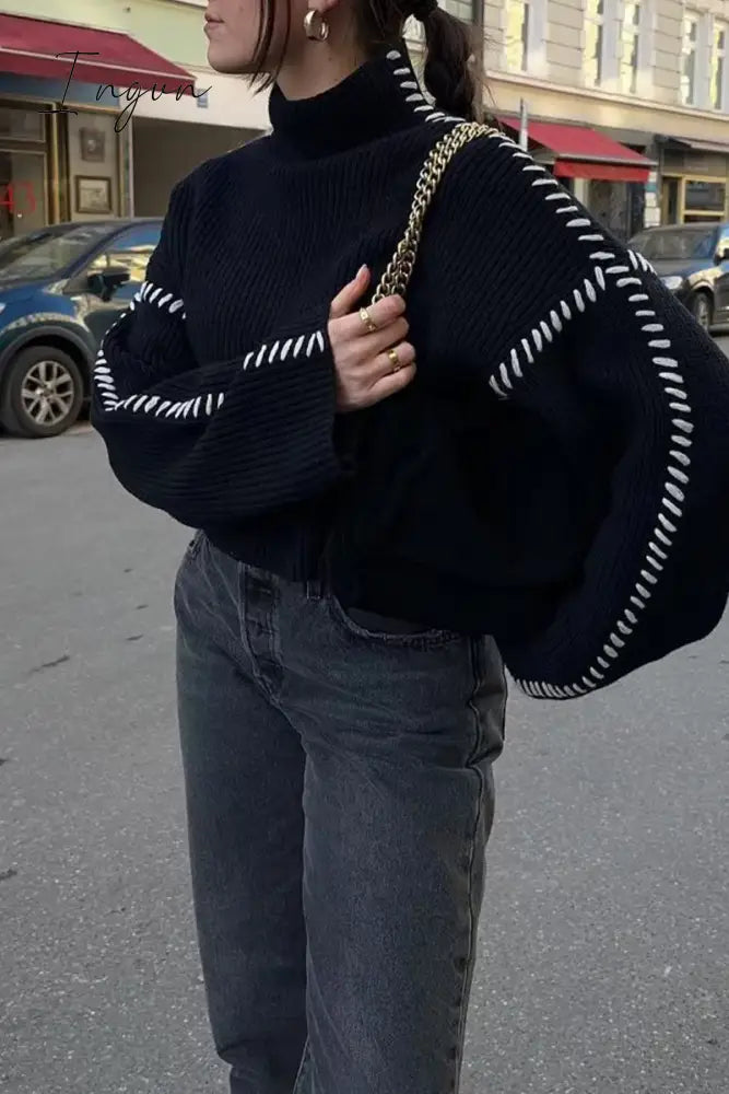 Ingvn - Casual Street Solid Patchwork O Neck Tops Black / S Tops/Sweaters & Cardigans