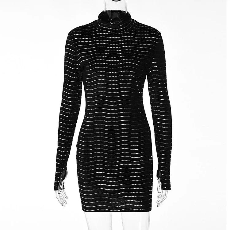 Hugcitar Shine Bling Sequins Long Sleeve Turtleneck Bodycon Slim Sexy Mini Dress 2021 Fall Women Christmas Party Club Y2K