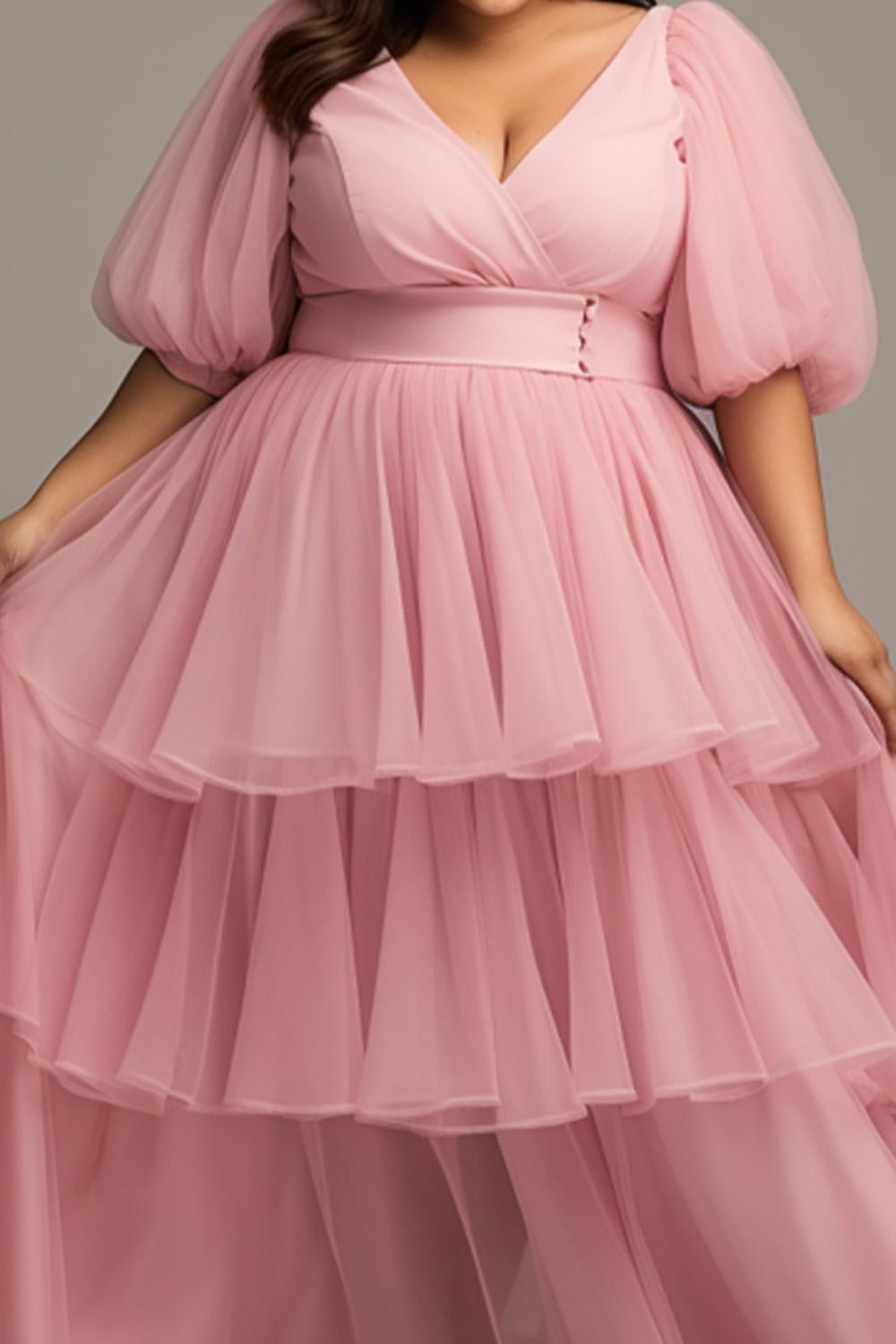 Design Plus Size Semi Formal Elegant Pink Wrap Neck Lantern Sleeve Half Sleeve Layered Tulle Maxi Dresses [Pre-Order]