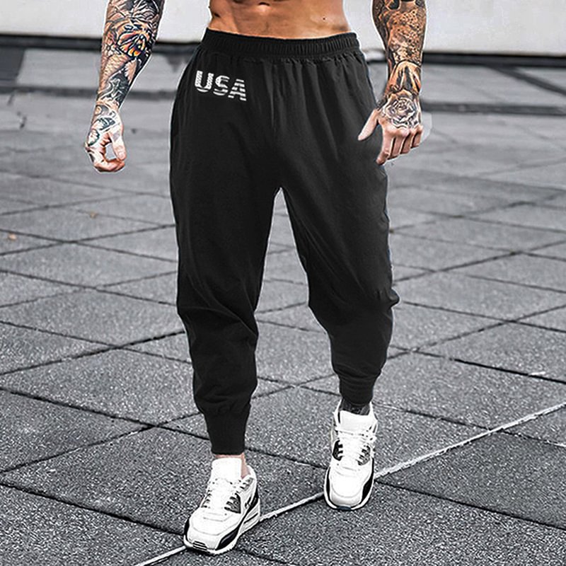 Men's Solid USA Graphic Print Casual Sports Pencil Pants、、URBENIE