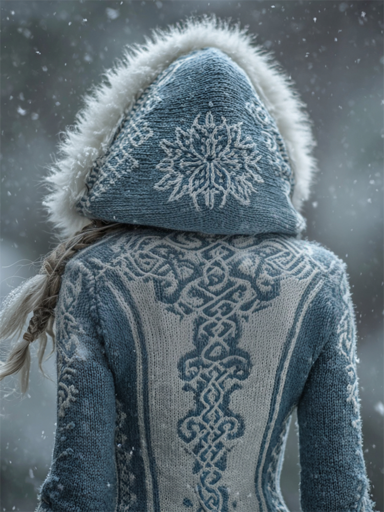 Vintage Snowflake Viking Celtic Knot Fur Trim Hooded Sweater elevenforest