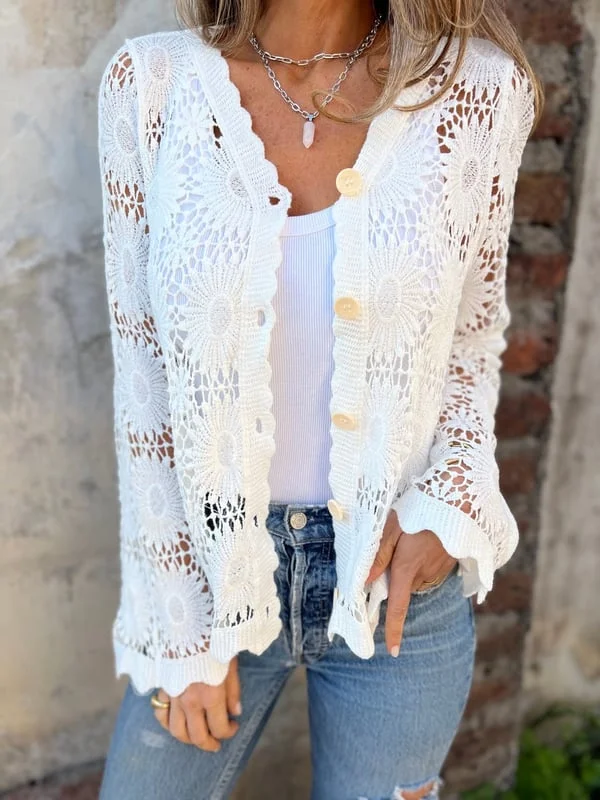 🏆Flash Sale⚡ 50K+ SOLD! Almost Gone-💥Cutout Embroidered V-Neck Button Long Sleeve Top，Best gifts
