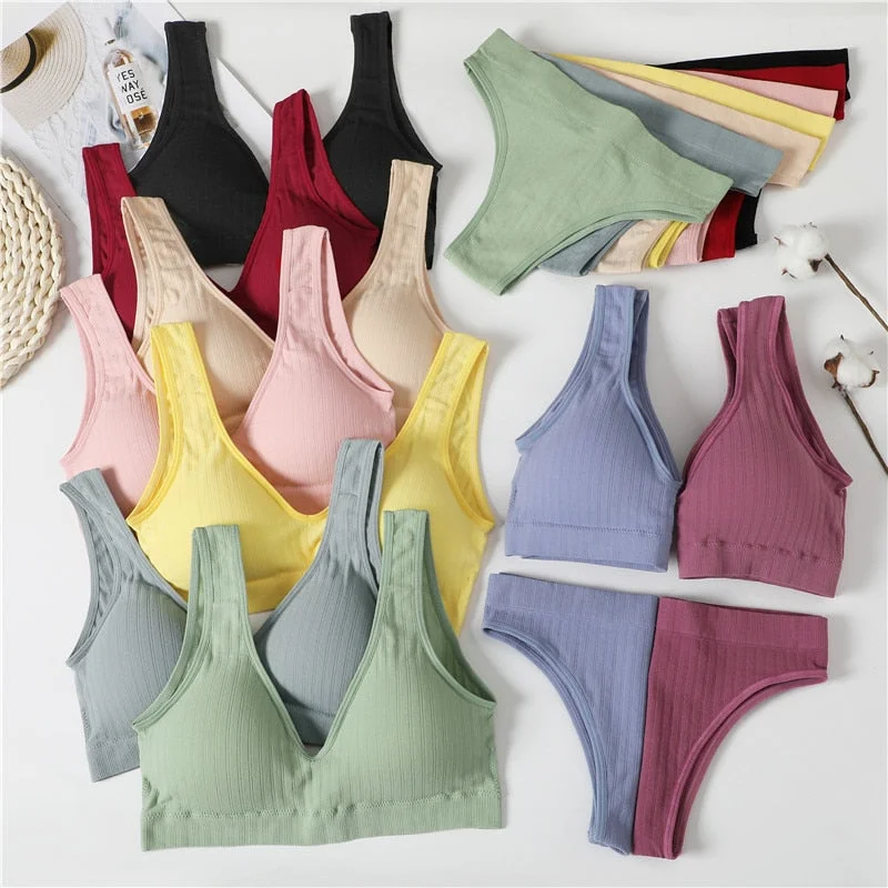 FINETOO Padded Bra Set Women Backless Tops Seamless Panties Female Deep V Bralette M-XL Wireless Bras Suit Ladies Lingerie 2021