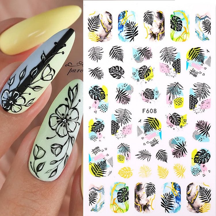 Spring Theme Simple Green 3D Nail Sticker Summer Tropical Beach Flower Leaves Transfer Slider Paper For Nails DIY Decoration