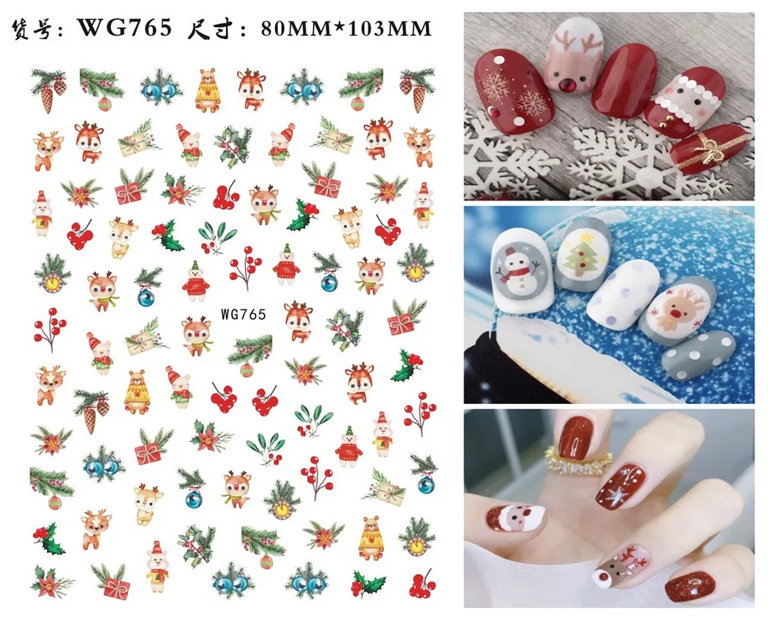 3D Christmas Nail Art Sticker For Kids Tattoo Manicure Accessories Snow Man Gift Tree Deers Santa Claus Slider Nail Decals Decor-Nail Inspo