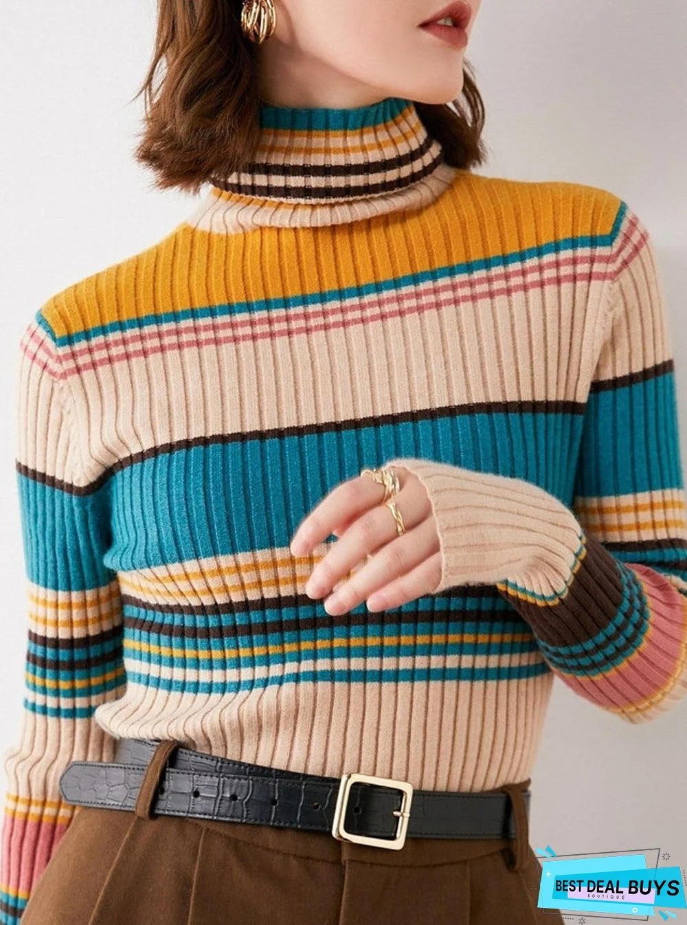Fall/Winter Turtleneck Color Striped Slim-Fit Knit Sweater