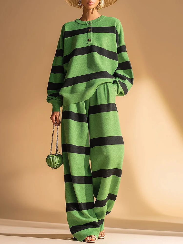 【24-hour shipping out】Casual Sports Green And Black Striped Sweatshirt And Pants Set