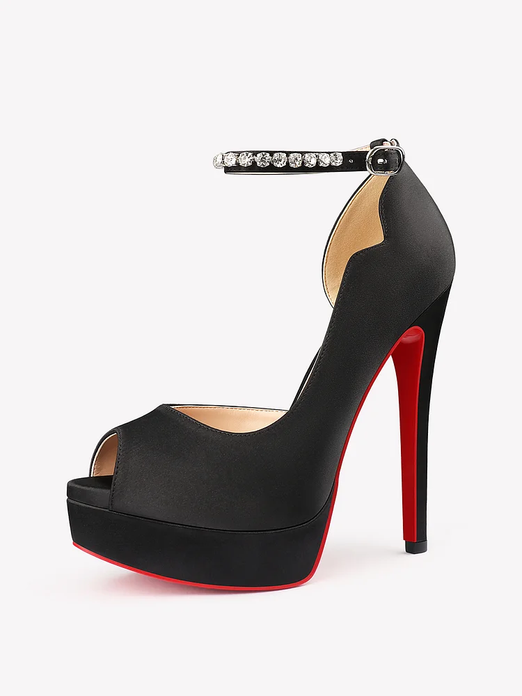 150mm Red Bottom Sky High Peep Toe Platform Rhinestone Ankle Strap Party Shoes Pumps
