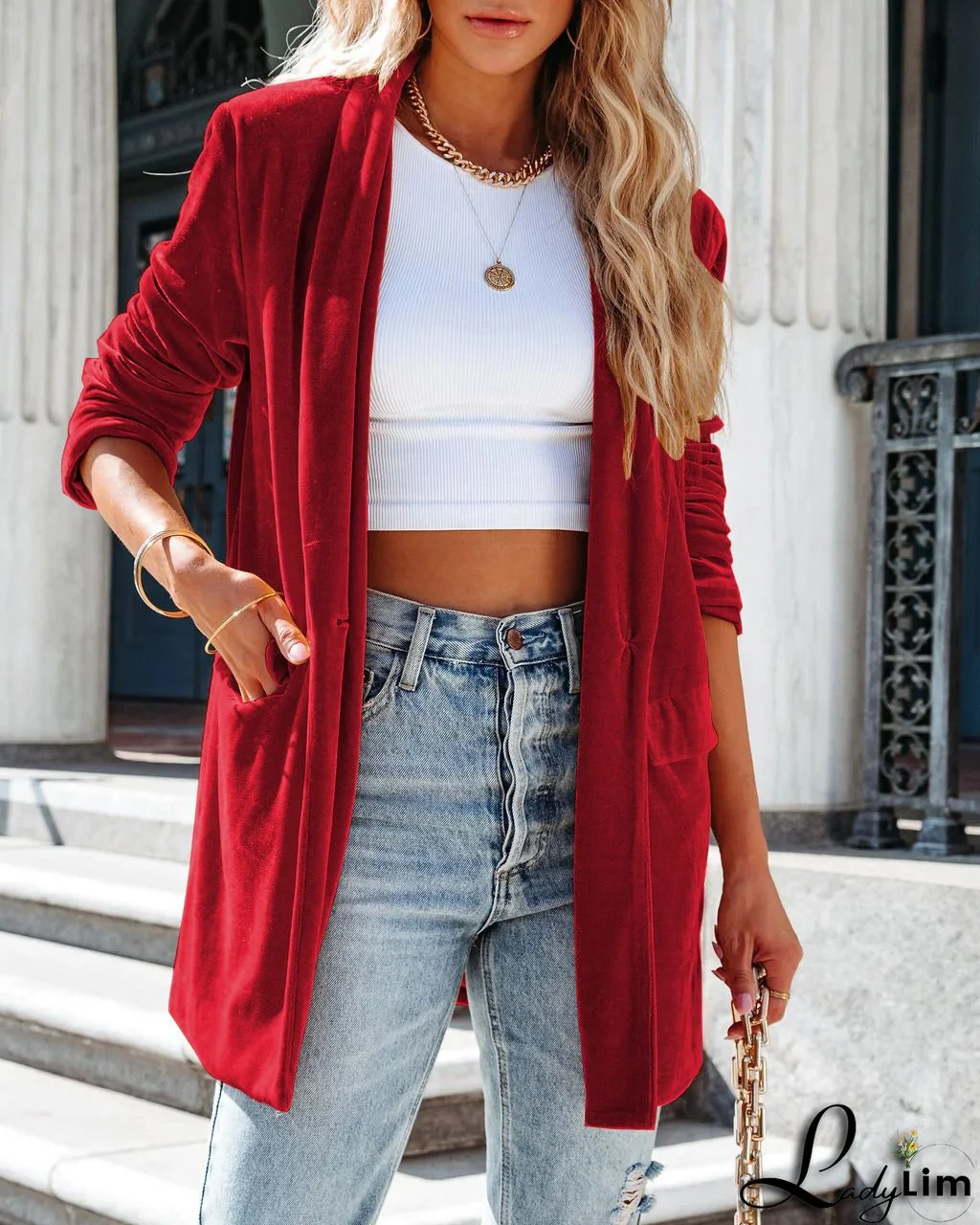 Casual Floral Velvet Pocket Wavy Trim Open Front Coat