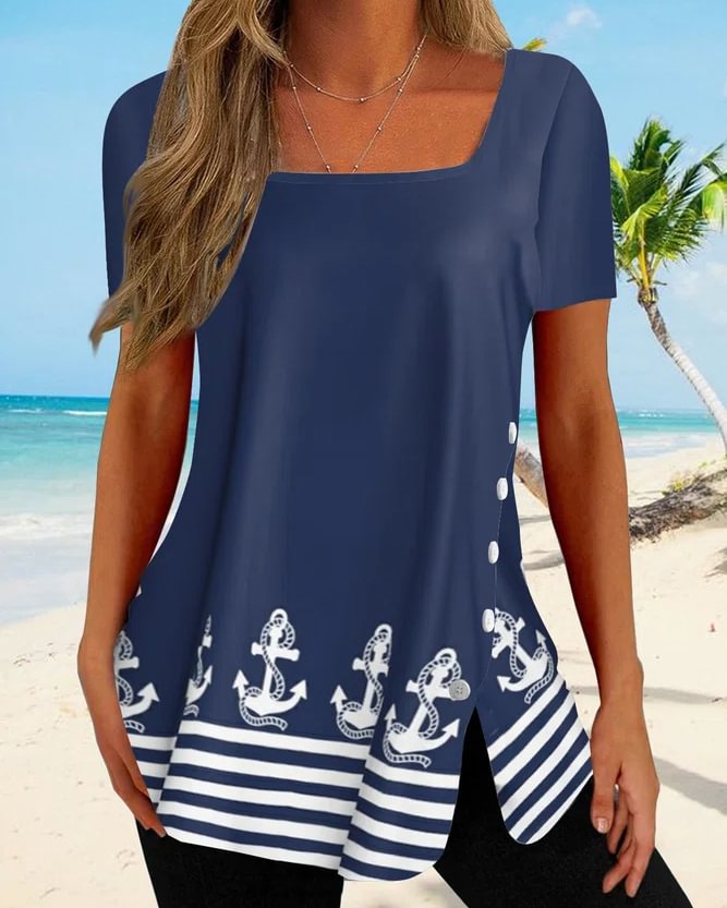 Women Ocean Anchor Stripe Irregular Hem Button Tunic T-shirt