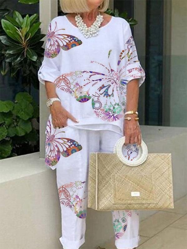 Women's Round Neck Print Half Sleeve Two-Piece Suits