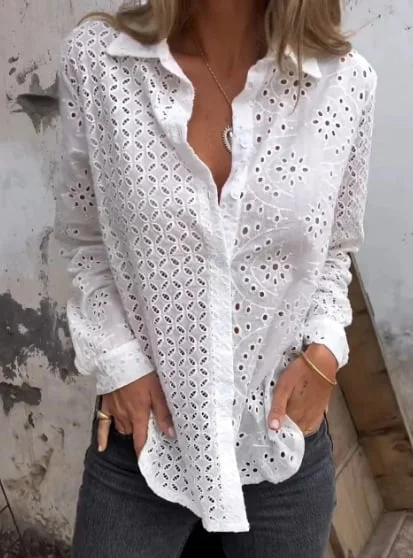 Women Hollow Out Button Tops 2025 Dressy Lace Eyelet 