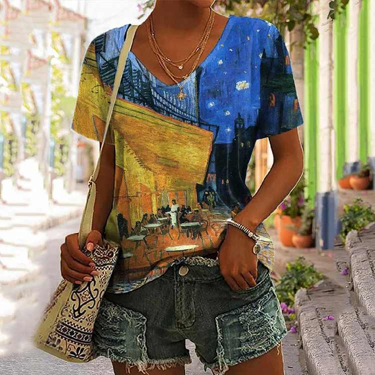 Vefave Oil Painting Print V-Neck Casual T-Shirt
