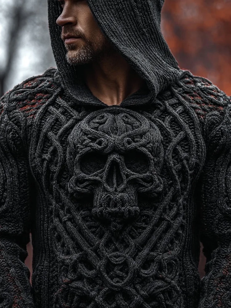 Men's Vintage Skull Celtic Chunky Cozy Hooded Sweater