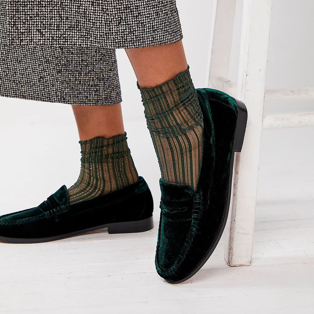 Green Velvet Round Toe Chunky Heel Slip-On Loafers Nicepairs