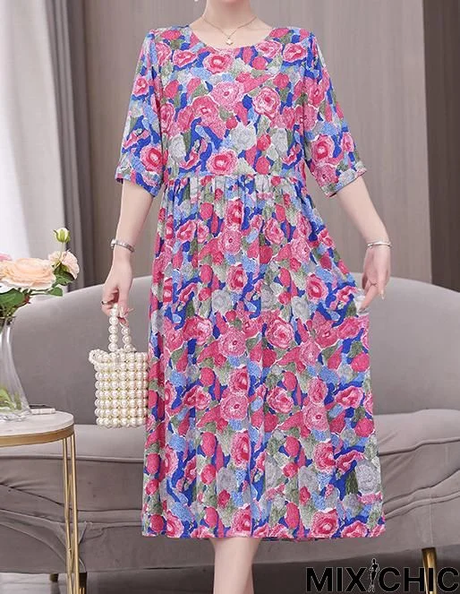 Floral Button Flares Sleeve Dress