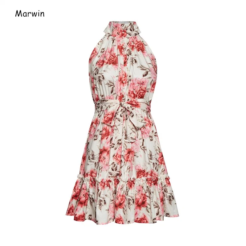 Marwin 2020 New-Coming Floral Beach Style Halter Empire Knee-Length Women Dresses Sashes Sleeveless Summer Female Dresses