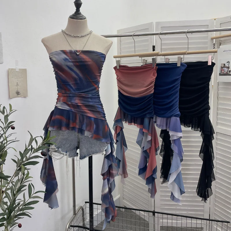 Uveng Irregular Bra Vest Wearing A Gradient Mesh Yarn Leaf Side Ribbon Bottom Sleeveless Top Lady 9931