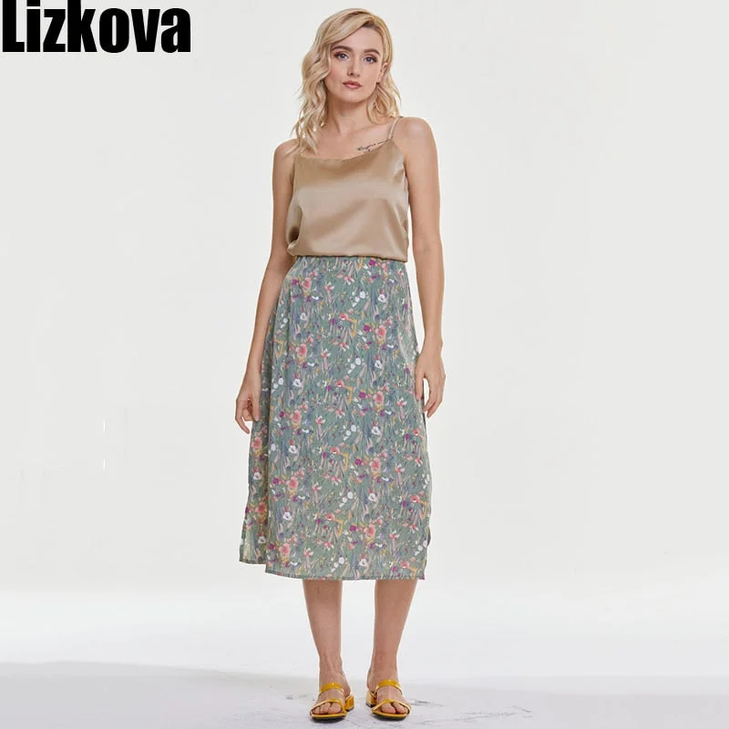 Lizkova Spring Floral Print Skirt Women High Waist Boho Mujer Faldas Split Summer 2021 Korean Style Holiday Femme Jupes