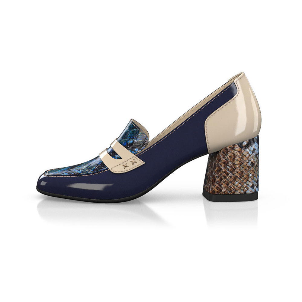 Navy & Beige Snakeskin Print Square Toe Block Heel Loafers Nicepairs