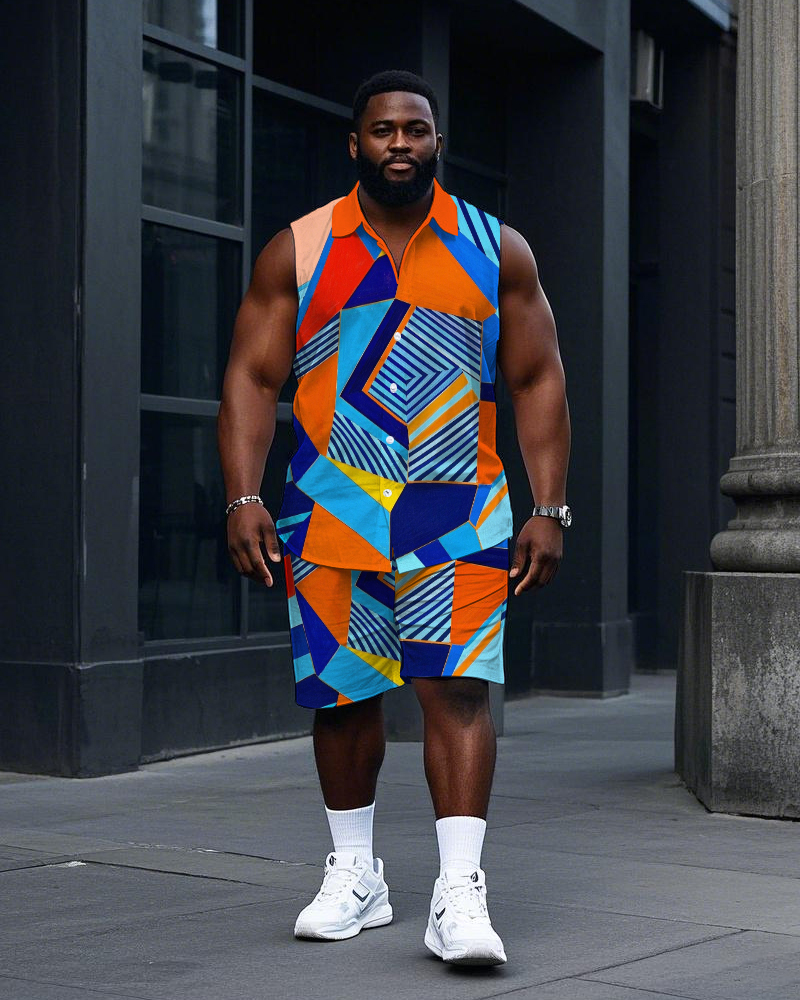Big Men's Artistic Color Block Splicing Style Casual Sleeveless Shirt and Shorts Set
