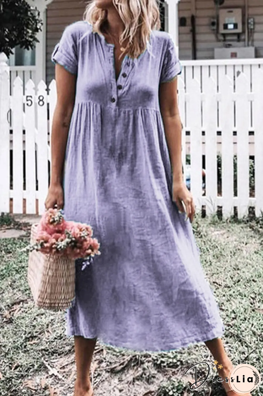 Casual Solid Buckle V Neck Straight Dresses(6 colors)