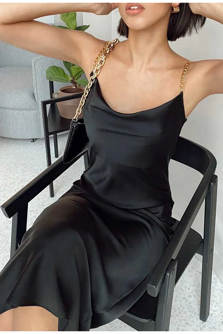 Elegant Chain Strap Stylish Square Neck Black Party Dress