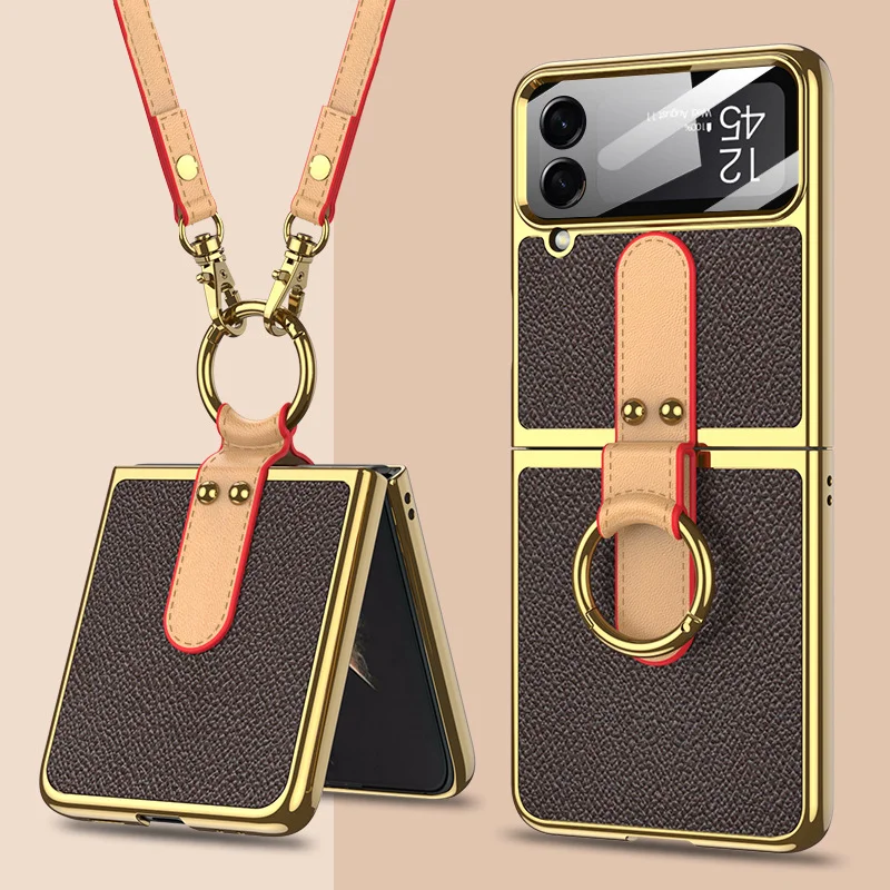 Crossbody Electroplated Leather Phone Case With Lanyard,Screen Protector,Ring Holder And Kickstand For Galaxy Z Flip3/Z Flip4