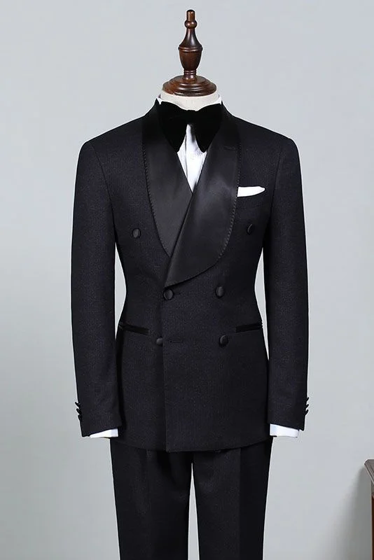 Solomon Stylish All Black Double Breasted Bespoke Wedding Suit For Bridegrooms