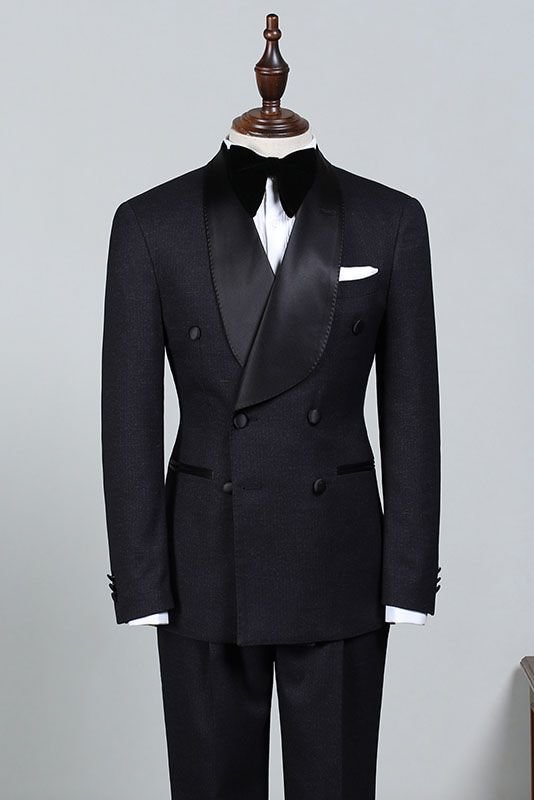 Romantic Bespoke All Black Double Breasted Wedding Suit For Grooms | Ballbellas Ballbellas