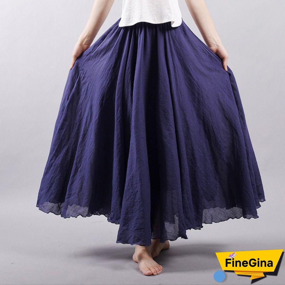 Women Linen Cotton Long Skirts Elastic Waist Pleated Maxi Skirts Beach Boho Vintage Summer Skirts Faldas Saia