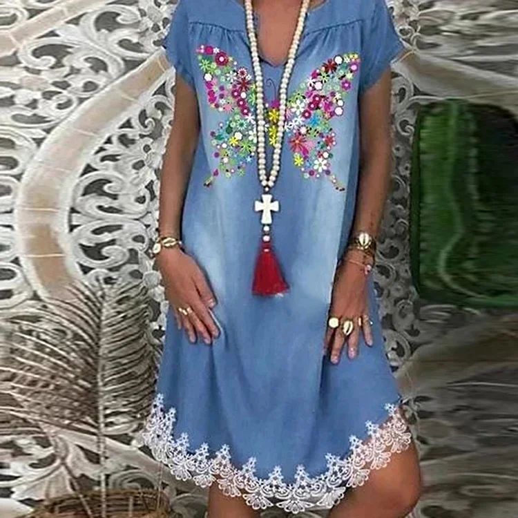 Butterfly Print Lace Hem V-neck Short-sleeved Dress